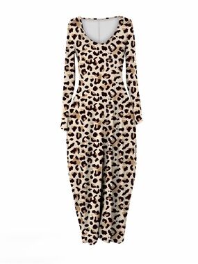 Source Unknown Beige and Brown Leopard-Print Long Sleeve Maxi Dress